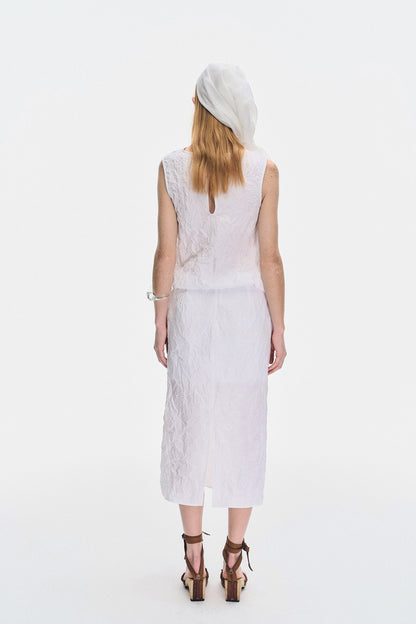 WHITE CRINKLED TEXTURE DRAPED MIDI SKIRT
