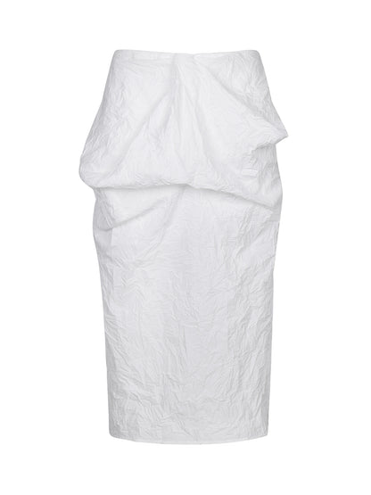 WHITE CRINKLED TEXTURE DRAPED MIDI SKIRT