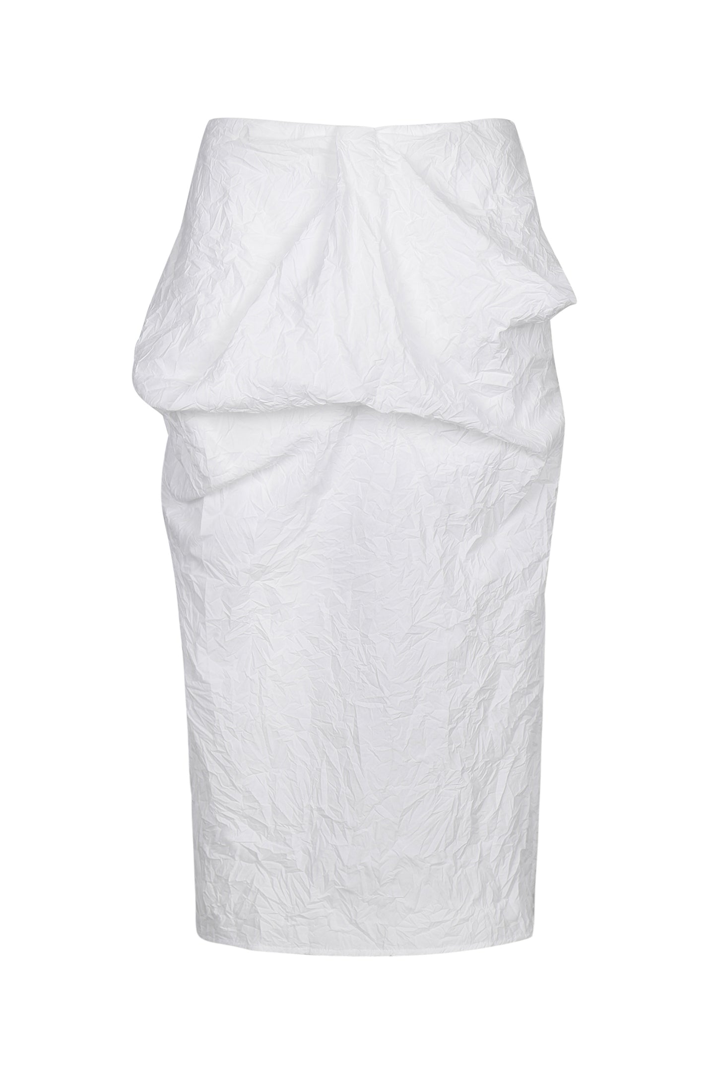 WHITE CRINKLED TEXTURE DRAPED MIDI SKIRT