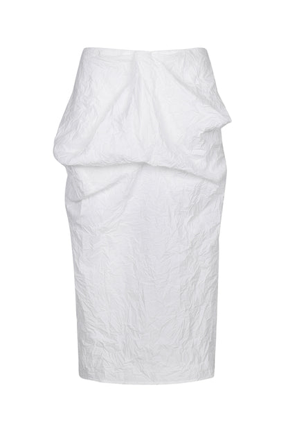 WHITE CRINKLED TEXTURE DRAPED MIDI SKIRT
