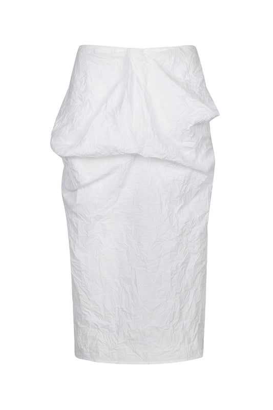 WHITE CRINKLED TEXTURE DRAPED MIDI SKIRT