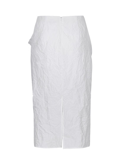 WHITE CRINKLED TEXTURE DRAPED MIDI SKIRT