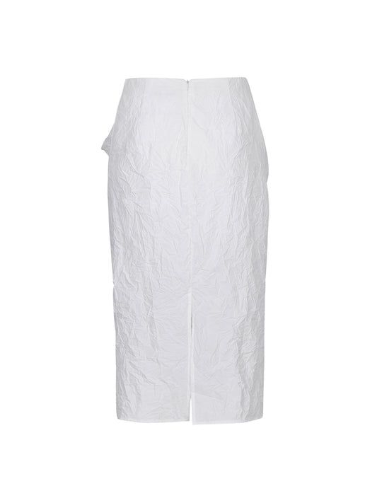 WHITE CRINKLED TEXTURE DRAPED MIDI SKIRT