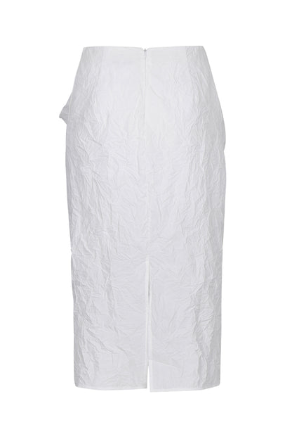 WHITE CRINKLED TEXTURE DRAPED MIDI SKIRT