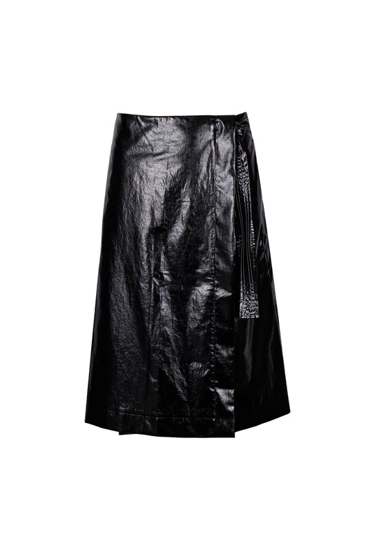 BLACK GLOSSY COTTON-COATED WRAP SKIRT