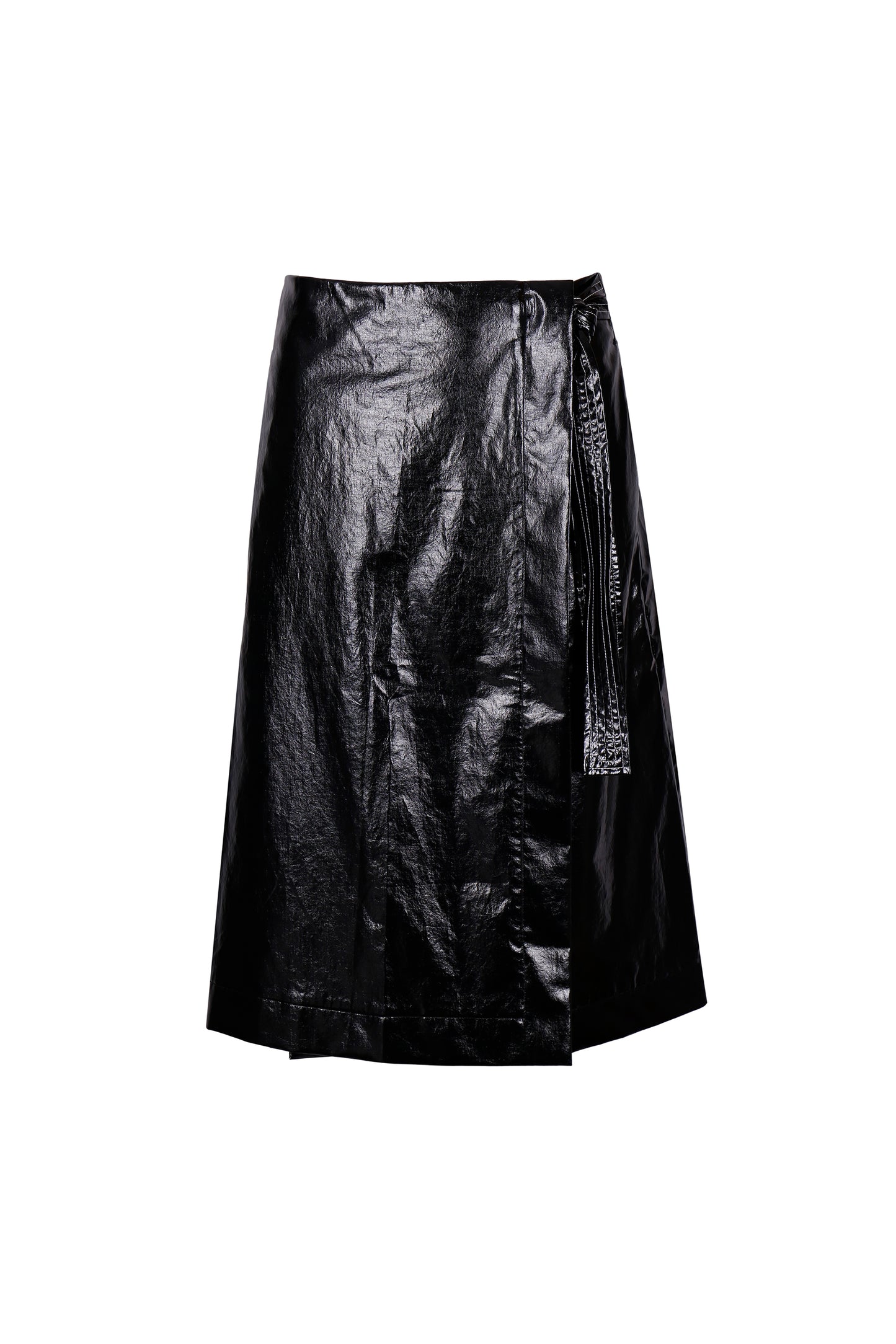 BLACK GLOSSY COTTON-COATED WRAP SKIRT