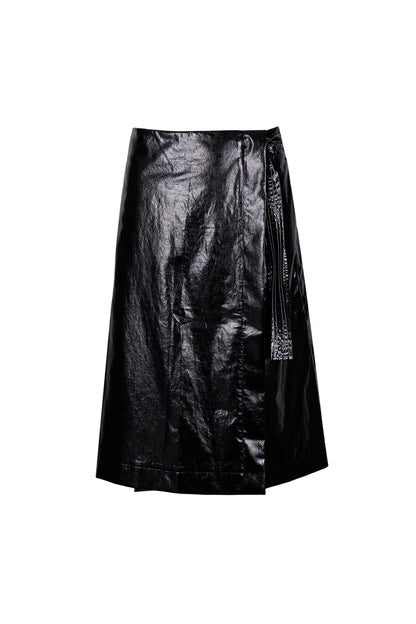 BLACK GLOSSY COTTON-COATED WRAP SKIRT