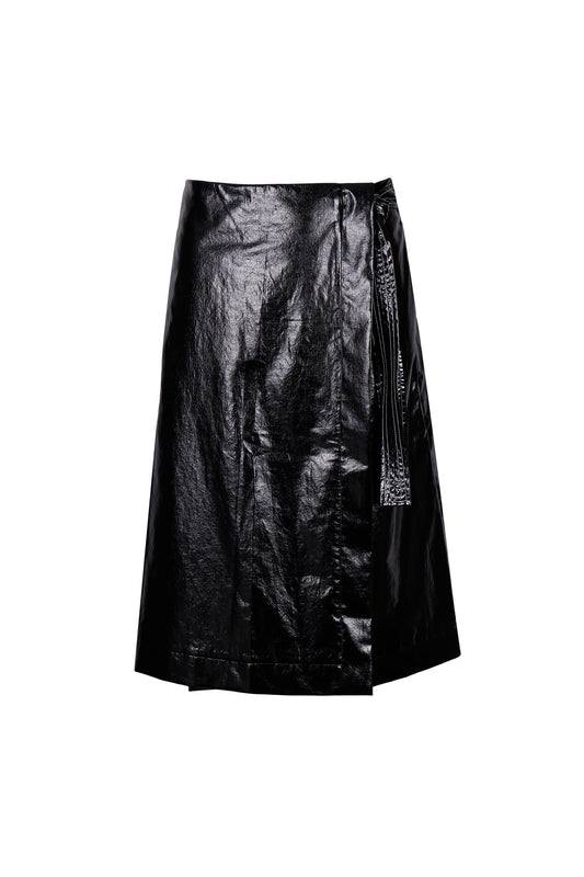 BLACK GLOSSY COTTON-COATED WRAP SKIRT
