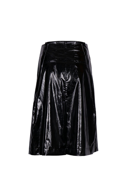 BLACK GLOSSY COTTON-COATED WRAP SKIRT