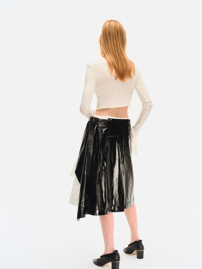 BLACK GLOSSY COTTON-COATED WRAP SKIRT