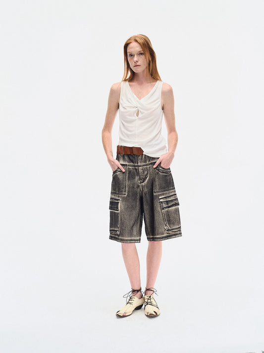 HAND BRUSHED BLACK DENIM CARGO SHORTS