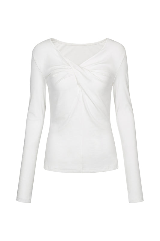 WHITE TWISTED LONG JERSEY SLEEVE TOP