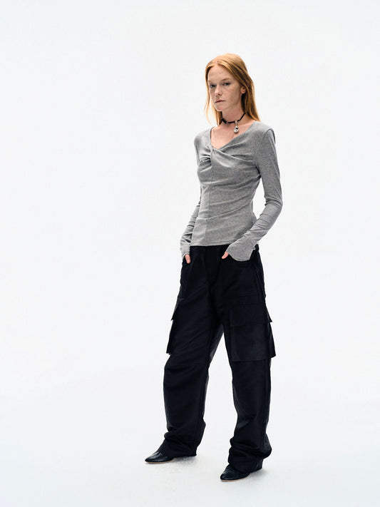 GREY TWISTED LONG JERSEY SLEEVE TOP