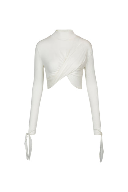 WHITE DRAPED JERSEY CROP TOP