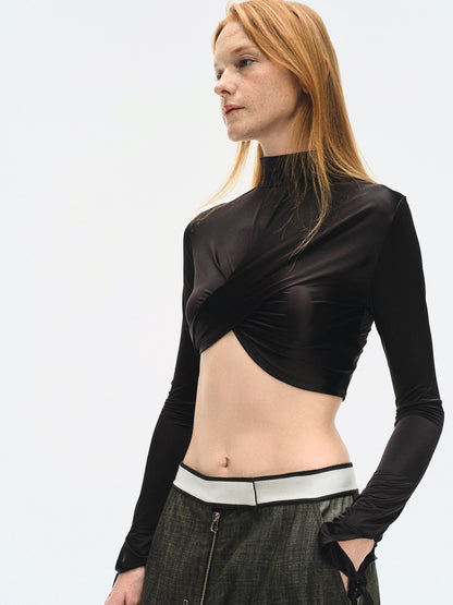 BLACK DRAPED JERSEY CROP TOP