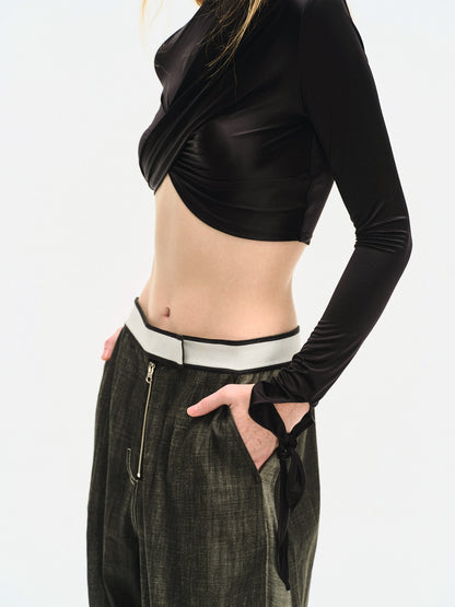 BLACK DRAPED JERSEY CROP TOP
