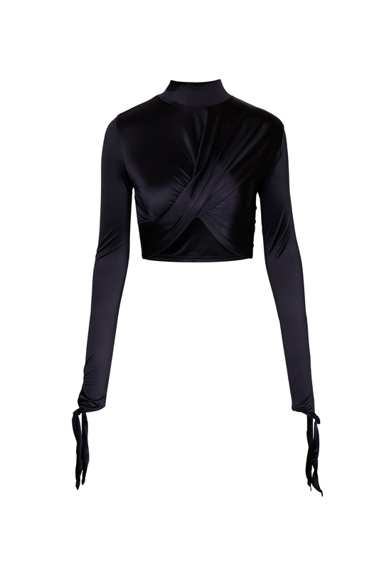 BLACK DRAPED JERSEY CROP TOP