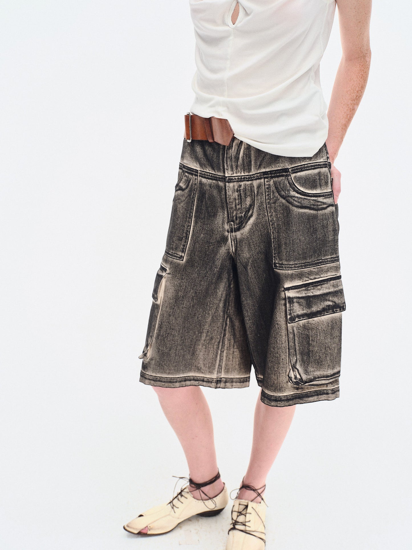 HAND BRUSHED BLACK DENIM CARGO SHORTS