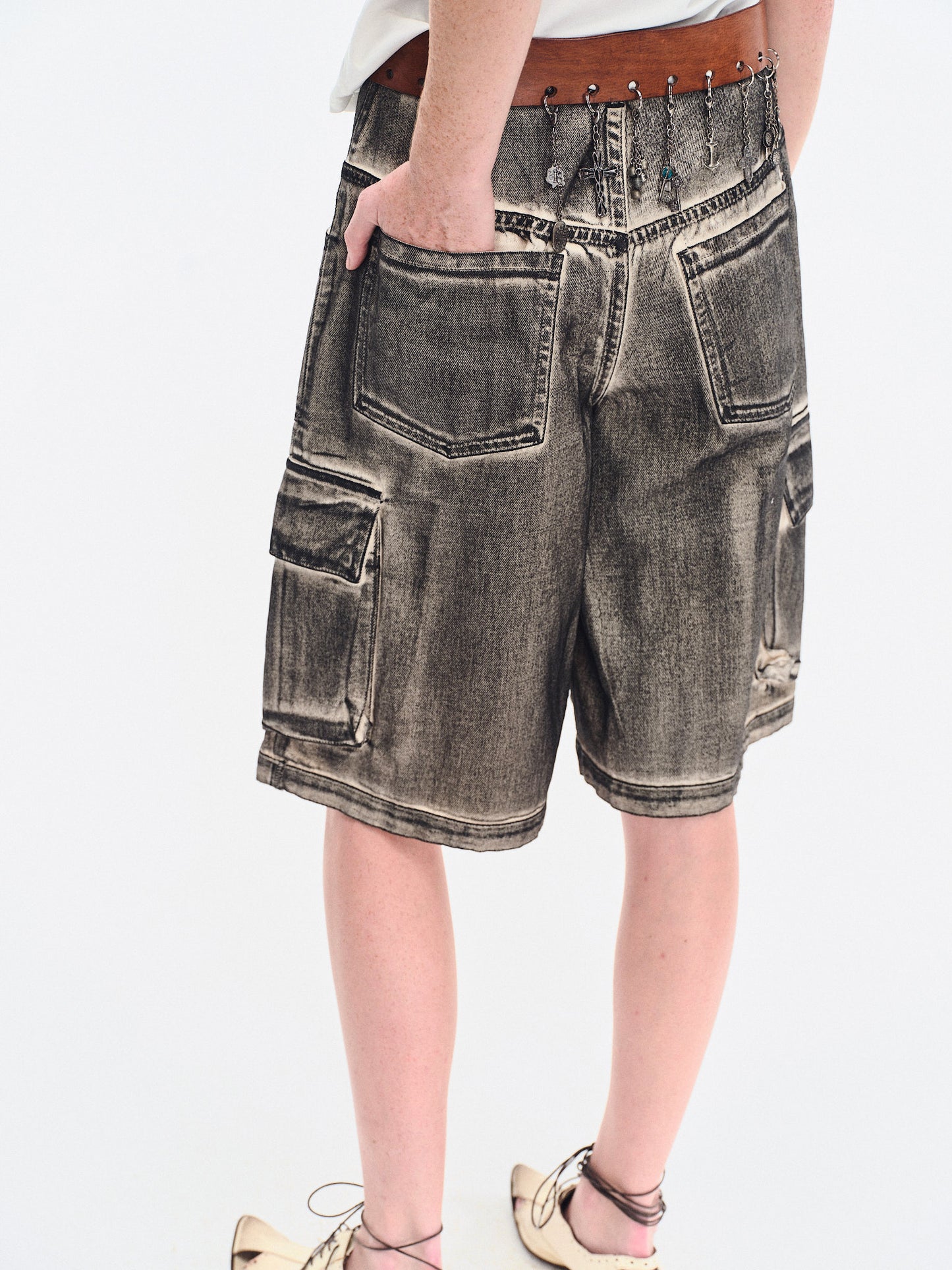 HAND BRUSHED BLACK DENIM CARGO SHORTS