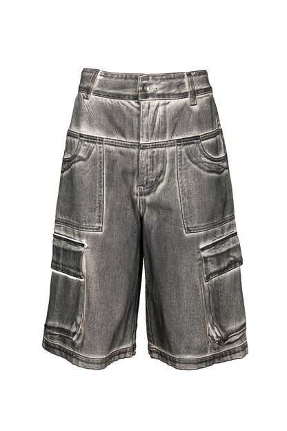 HAND BRUSHED BLACK DENIM CARGO SHORTS