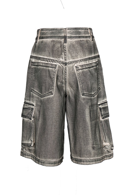 HAND BRUSHED BLACK DENIM CARGO SHORTS