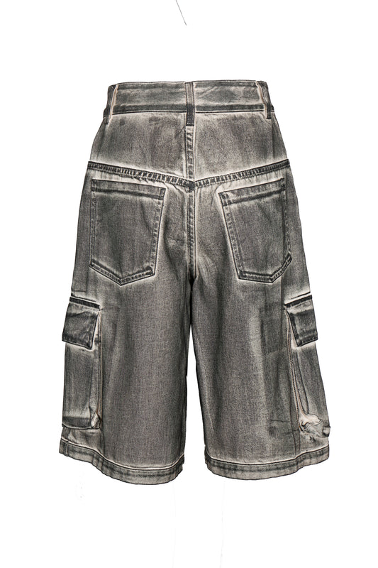 HAND BRUSHED BLACK DENIM CARGO SHORTS
