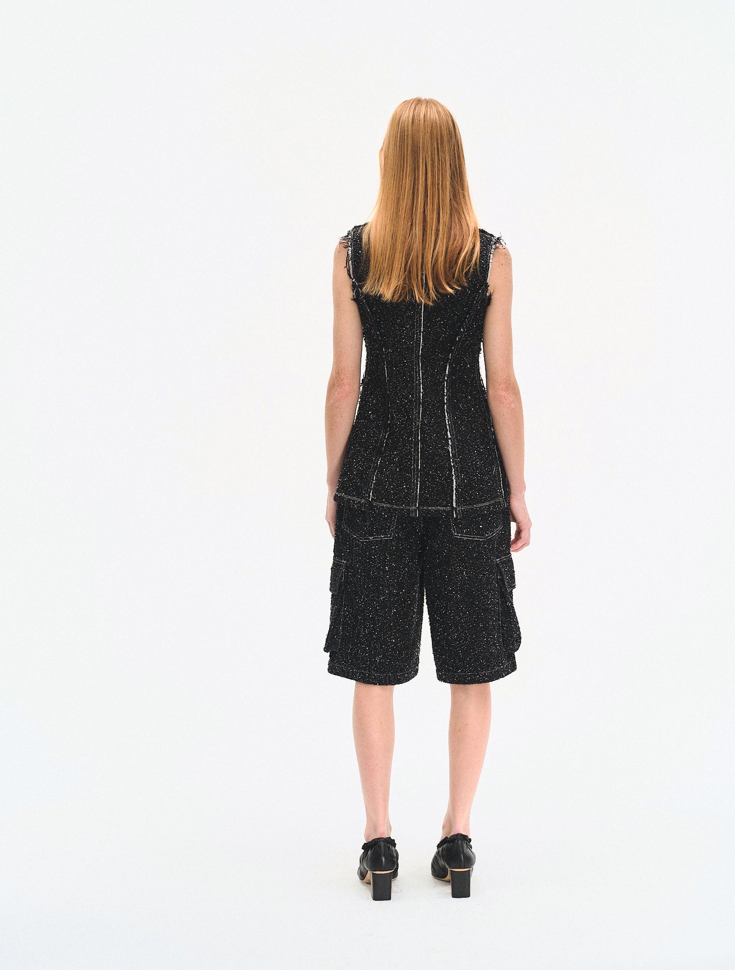 ENZYME-WASHED BLACK DENIM CARGO SHORTS