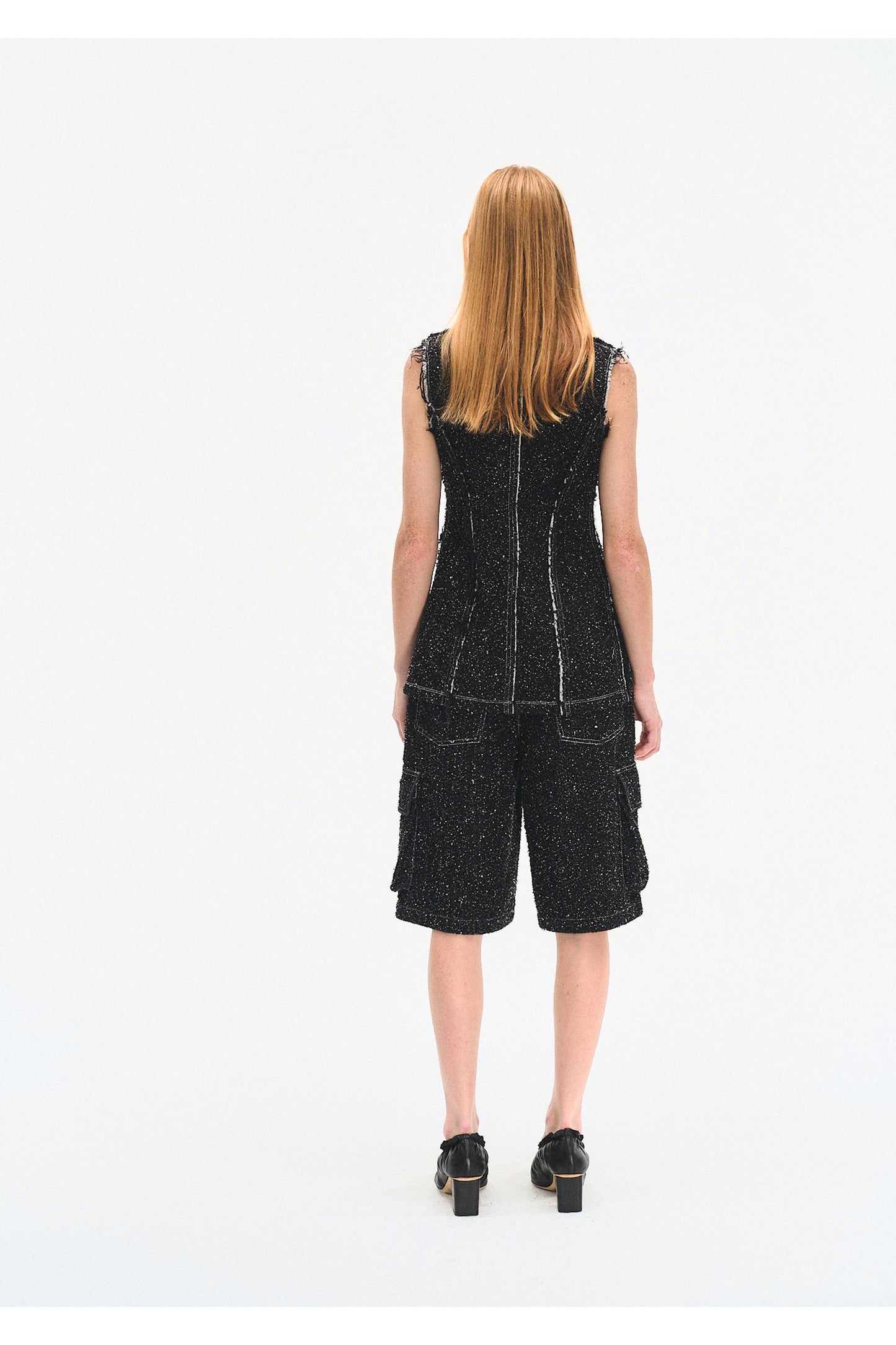 ENZYME-WASHED BLACK DENIM CARGO SHORTS