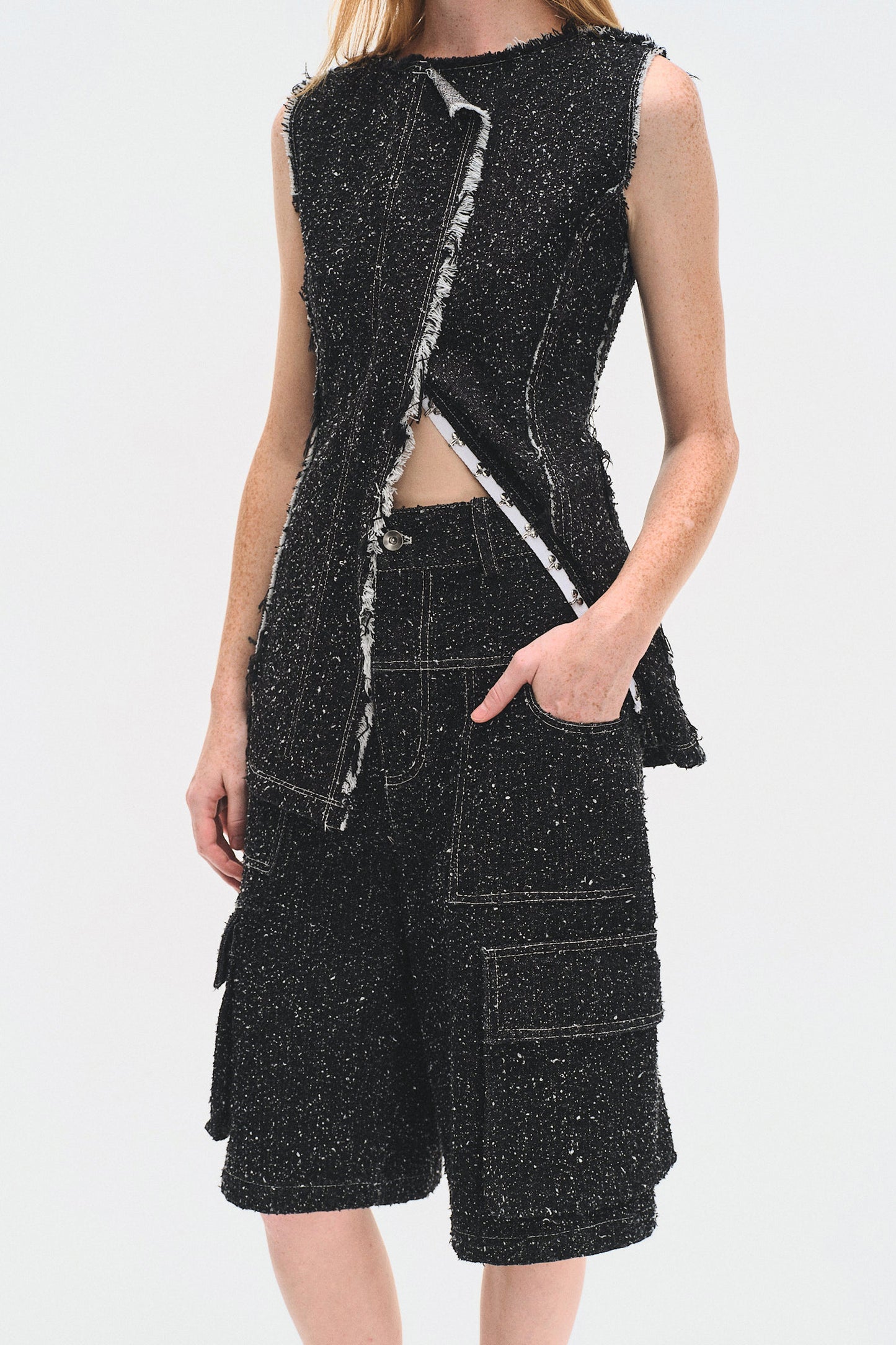 ENZYME-WASHED BLACK DENIM CARGO SHORTS