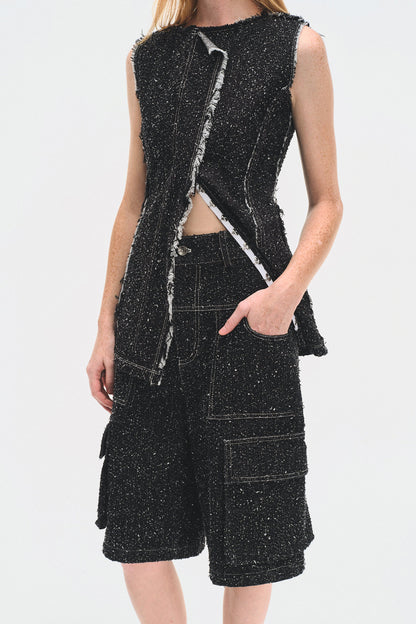 ENZYME-WASHED BLACK DENIM CARGO SHORTS