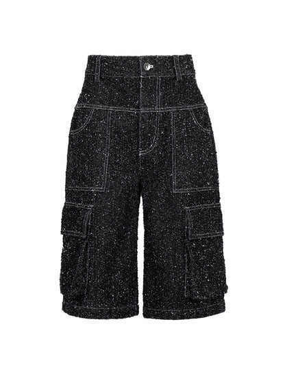 ENZYME-WASHED BLACK DENIM CARGO SHORTS