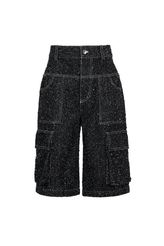 ENZYME-WASHED BLACK DENIM CARGO SHORTS