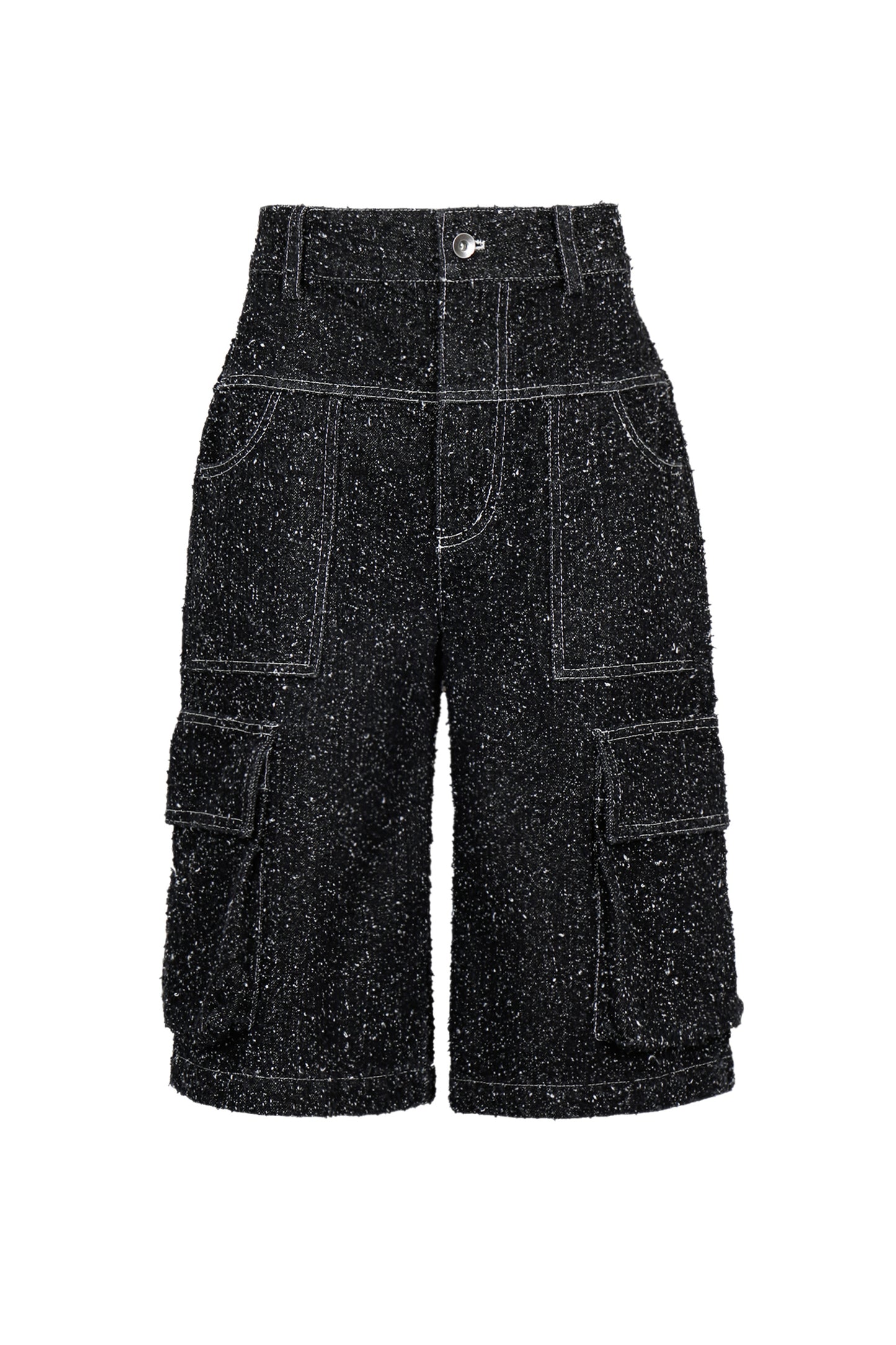 ENZYME-WASHED BLACK DENIM CARGO SHORTS