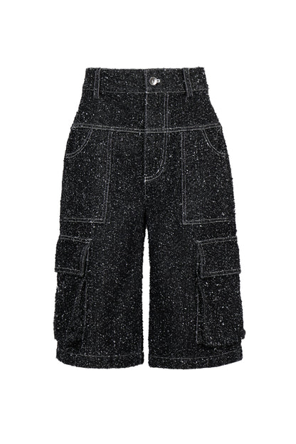 ENZYME-WASHED BLACK DENIM CARGO SHORTS