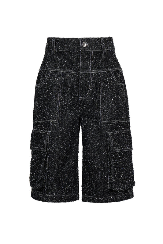 ENZYME-WASHED BLACK DENIM CARGO SHORTS