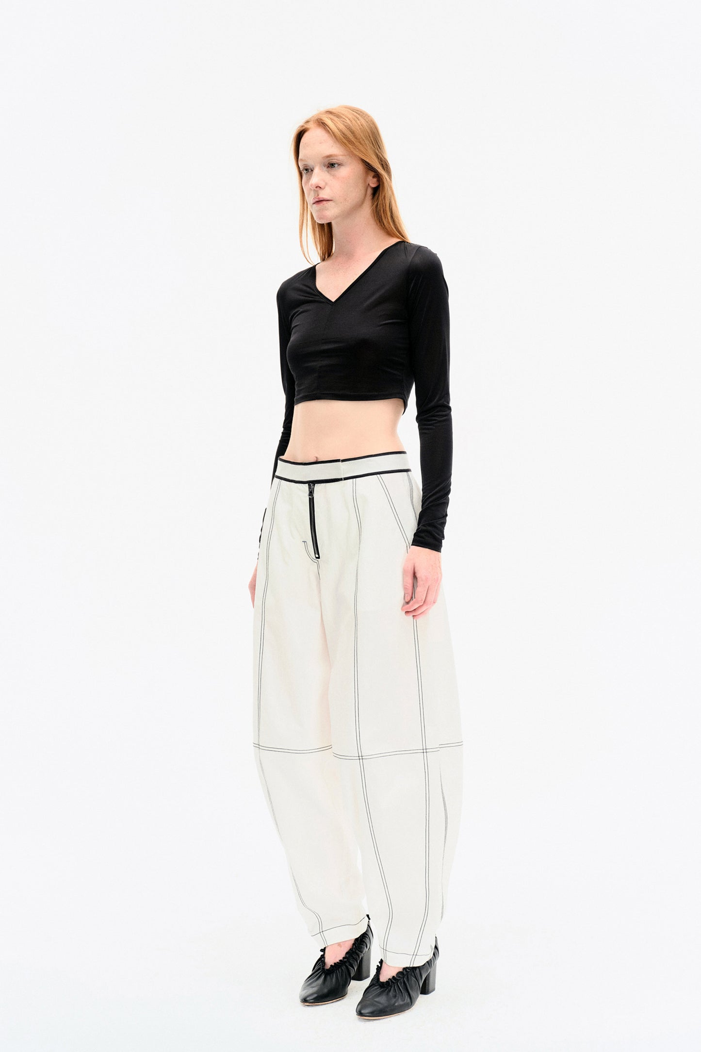 WASHED WHITE COTTON CONTRAST STITCH TROUSERS
