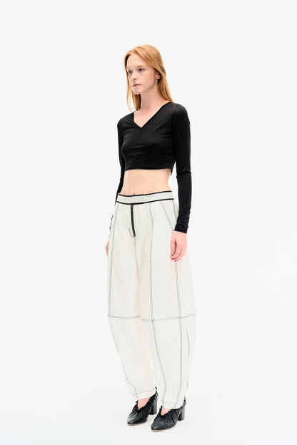 WASHED WHITE COTTON CONTRAST STITCH TROUSERS