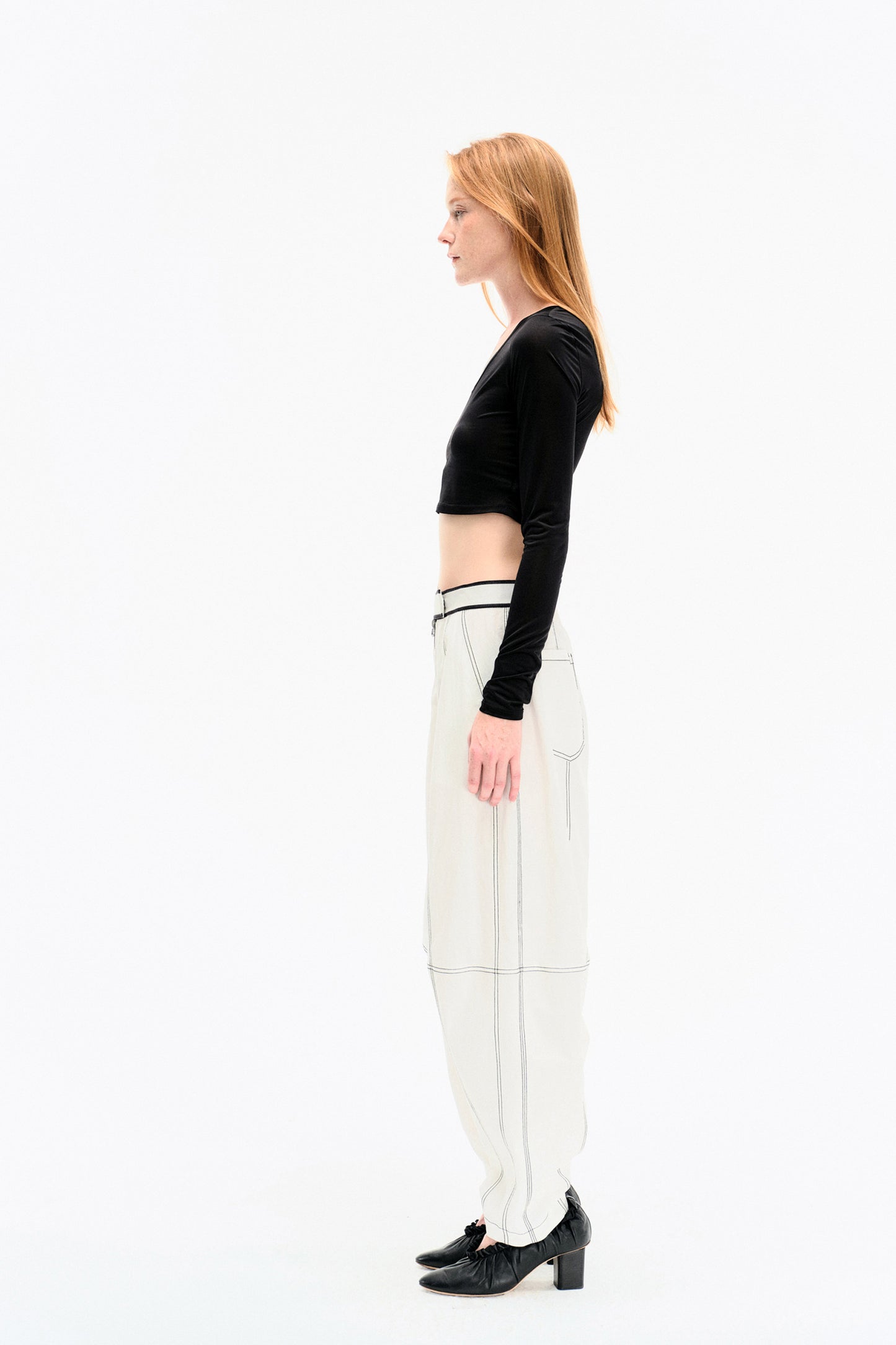WASHED WHITE COTTON CONTRAST STITCH TROUSERS