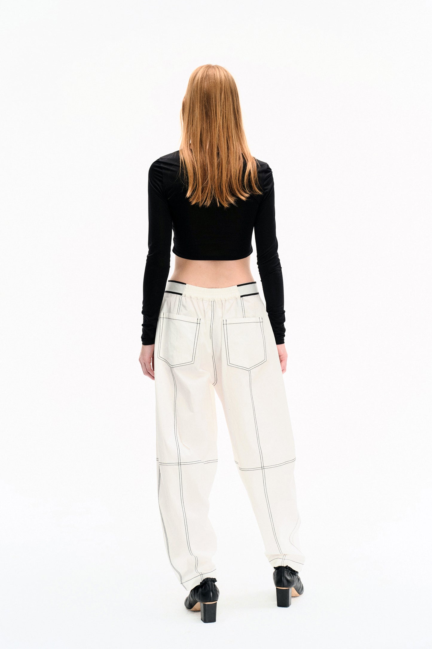 WASHED WHITE COTTON CONTRAST STITCH TROUSERS