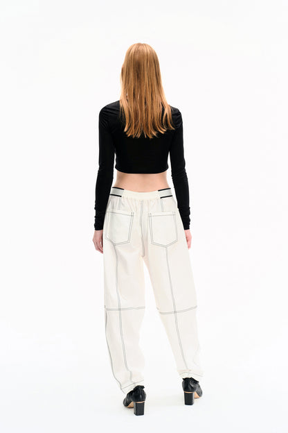 WASHED WHITE COTTON CONTRAST STITCH TROUSERS