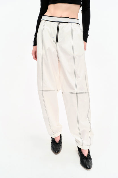 WASHED WHITE COTTON CONTRAST STITCH TROUSERS