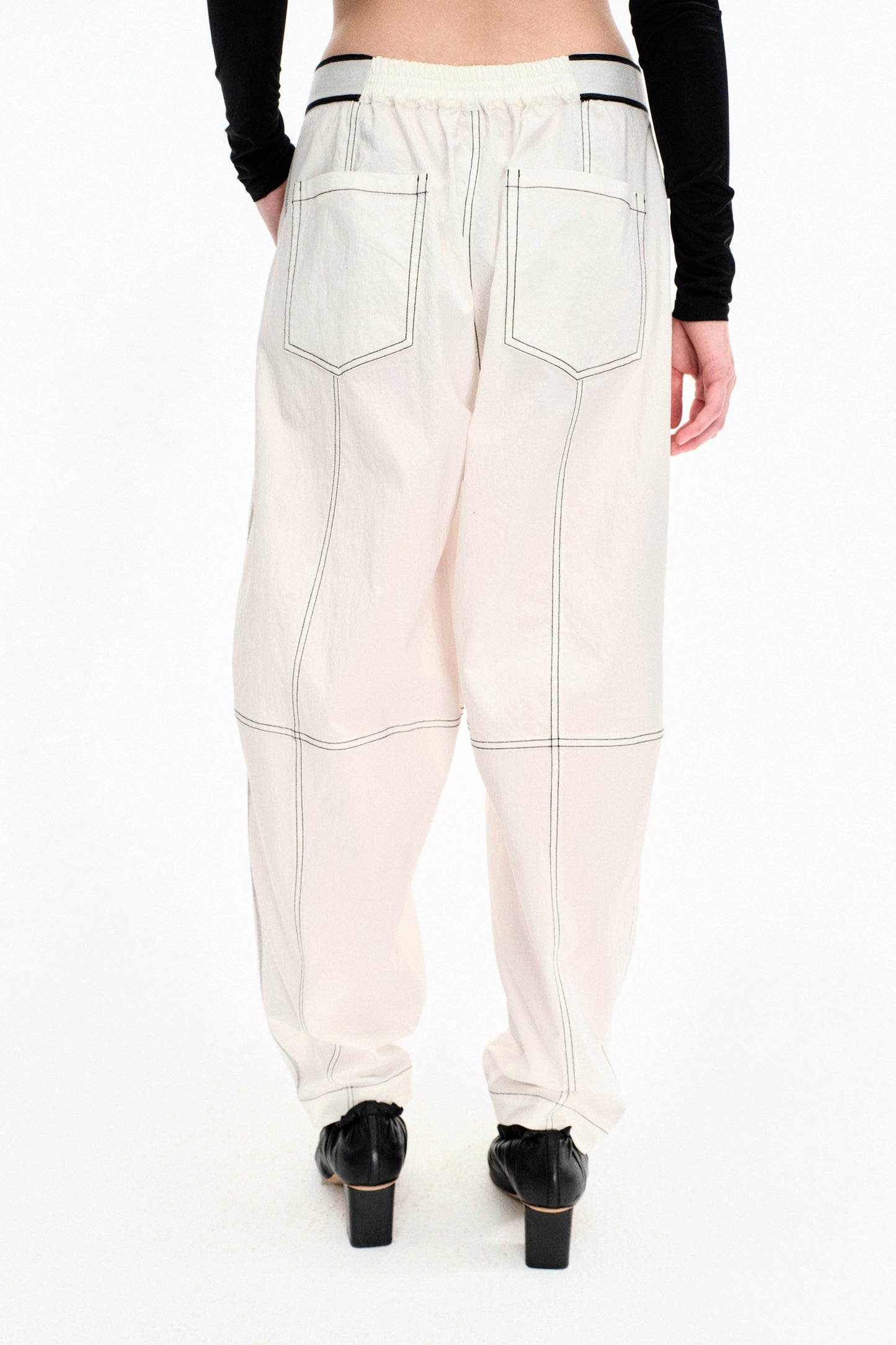 WASHED WHITE COTTON CONTRAST STITCH TROUSERS