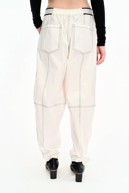 WASHED WHITE COTTON CONTRAST STITCH TROUSERS