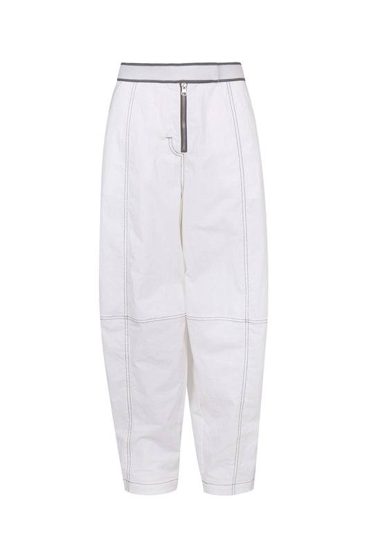 WASHED WHITE COTTON CONTRAST STITCH TROUSERS