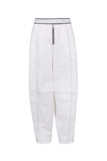 WASHED WHITE COTTON CONTRAST STITCH TROUSERS