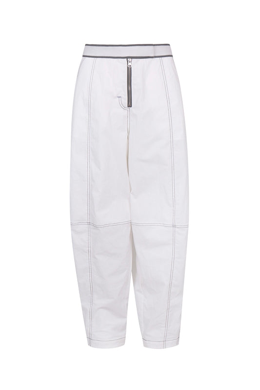 WASHED WHITE COTTON CONTRAST STITCH TROUSERS