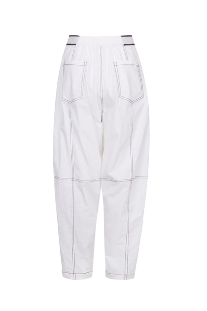 WASHED WHITE COTTON CONTRAST STITCH TROUSERS