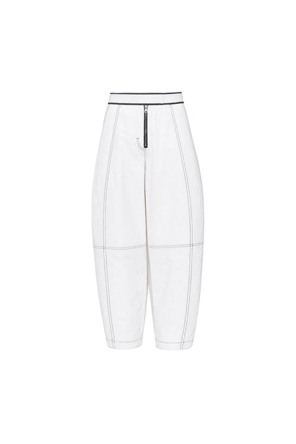WASHED WHITE COTTON CONTRAST STITCH TROUSERS