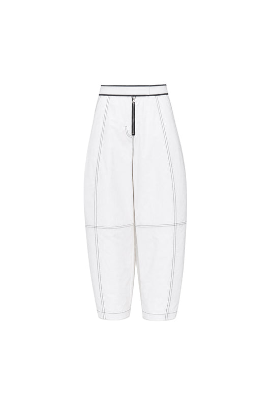WASHED WHITE COTTON CONTRAST STITCH TROUSERS
