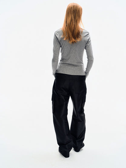 BLACK SATIN-FINISH CARGO TROUSERS